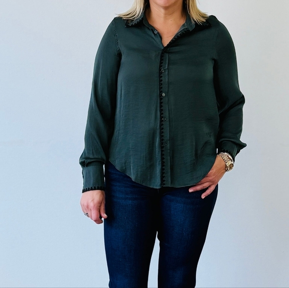 Naked Zebra Tops - Naked Zebra Dark Green Silky Button Front Top